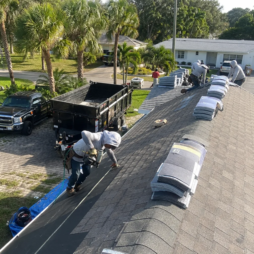 Professional roofing crew installing new asphalt shingles on a residential roof