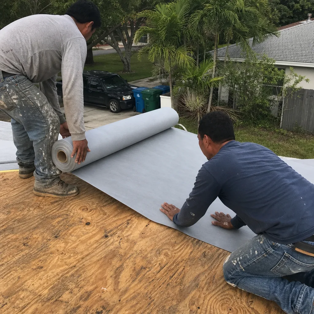 Two roofers installing synthetic underlayment on a plywood roof deck. in Fort Lauderdale, FL
