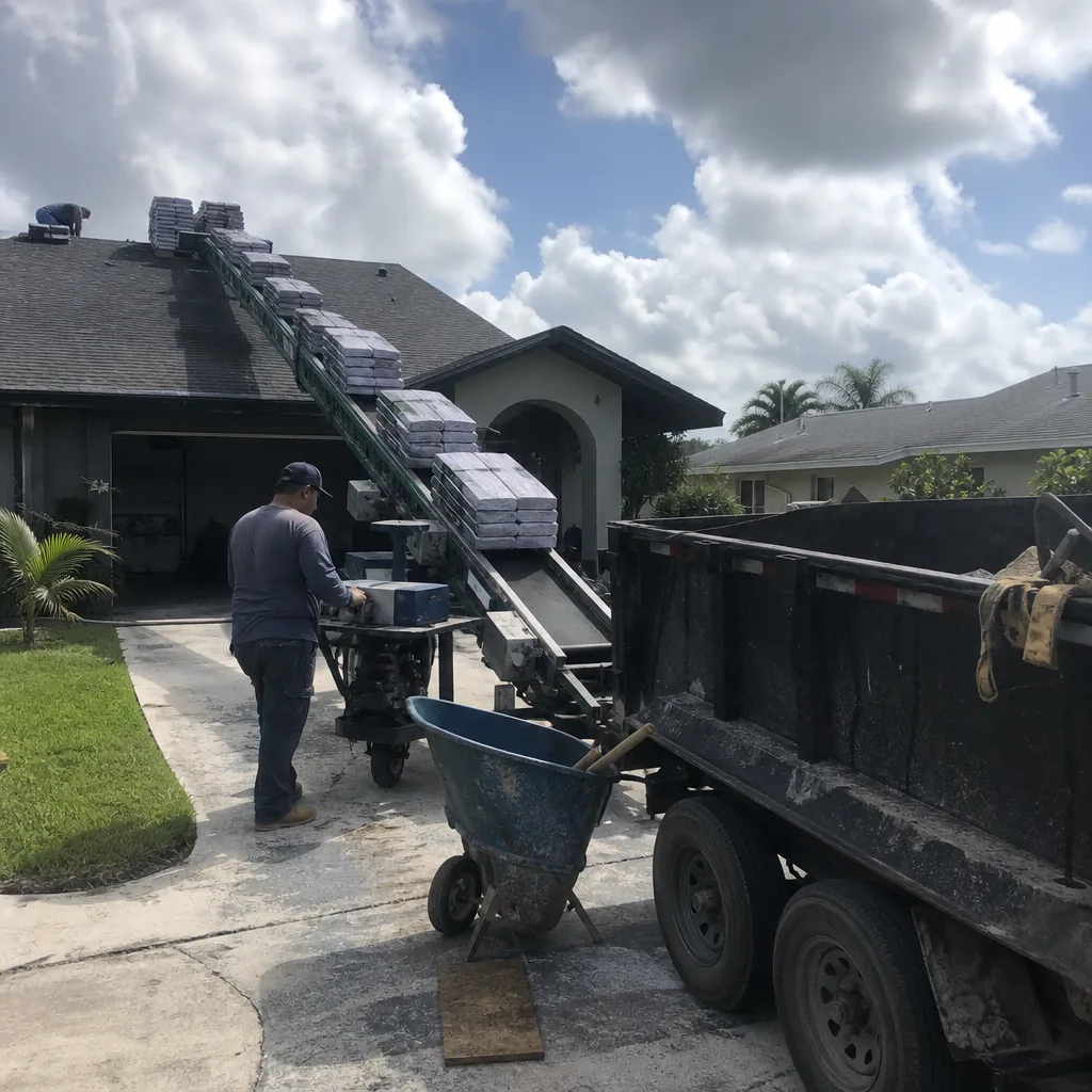 Roofing contractor using a conveyor belt to move shingles onto a roof
