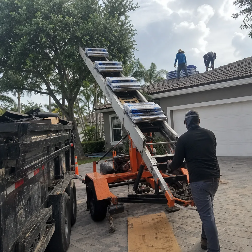 Roofing crew using a conveyor lift to load materials onto a roof