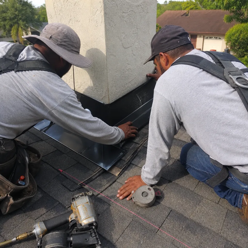 Roofers installing metal chimney flashing on a residential roof in Fort Lauderdale, FL
